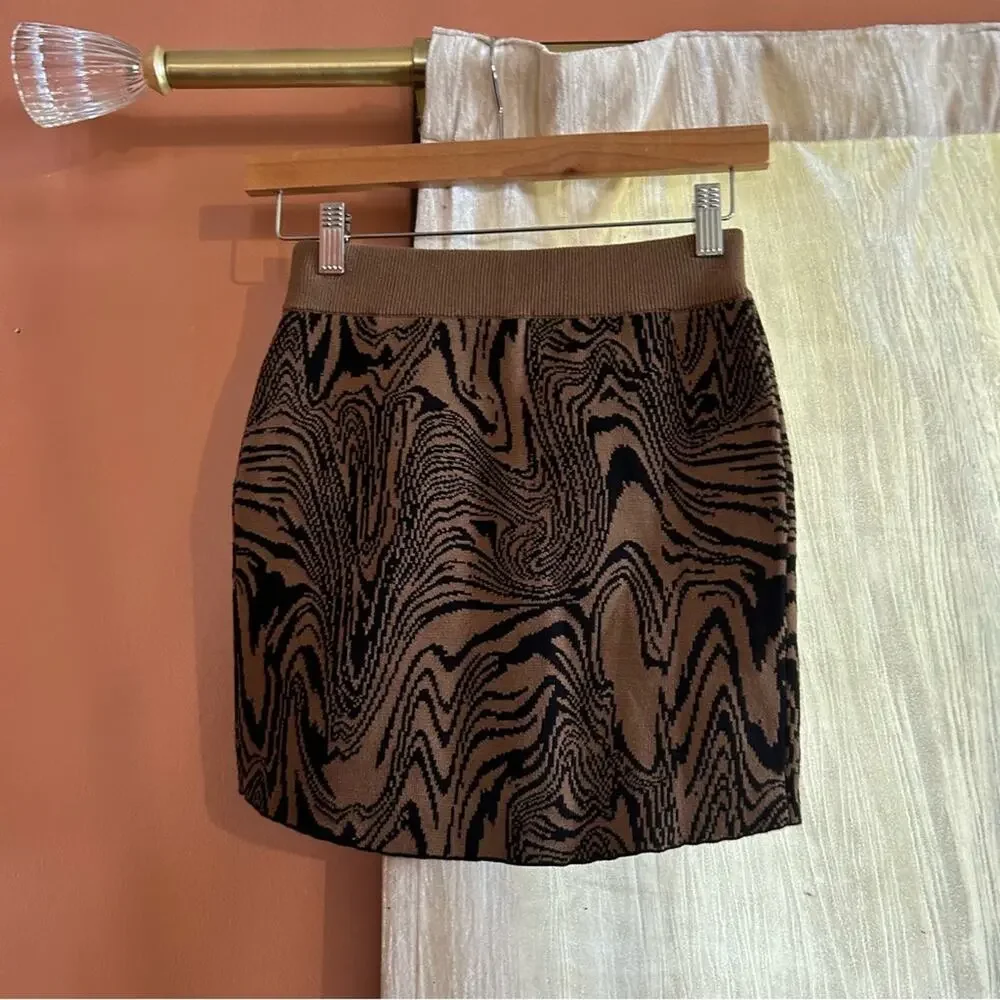 Good American Instarsia Knit Mini Skirt Stretch Sepia Swirl‎ Black Size 00/0